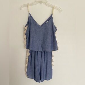 NWT Francesca’s Summer Shorts‎ Romper Small Crochet Lace Blue Coastal Whimsical